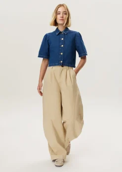 Korte denim pofmouw blouse